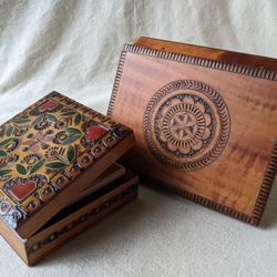 2 Vtg Handmade in Poland Wooden Trinket Boxes