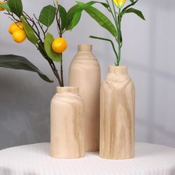 New Set of 3 Natural Wood Vases, Decorative Flower Vases for Centerpieces, Shelf, Living Room