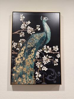 Framed 3D Peacock Canvas Wall Art (37" x 25") – Textured Gold Leaf & Blossoms