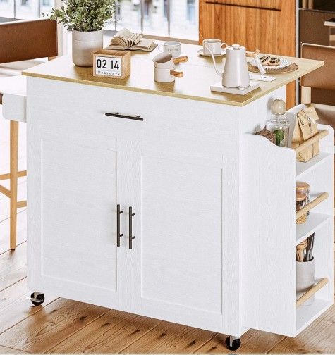 IRONCK Kitchen Island with Storage, Rolling Kitchen Island on Wheels with Drop Leaf, 3 Open Spice Rack Shelf, Door Cabinet, Drawer, Kitchen Cart Islan