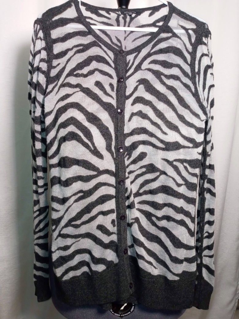 Ann Klein Cardigan L Sweater Jacket Animal Print Black Gray WOOL BLEND WOMENS