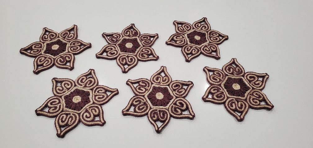 Vintage Woven Straw Flower Trivets Set Of 6 Raffia Boho Rattan Hot Mats