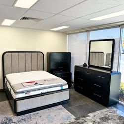 Rowanbeck Gray/Black Upholstered Panel Bedroom Set