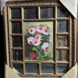 14-Panel Mirror w/ Oil on Canvas w/ Bouquet of Pink Roses