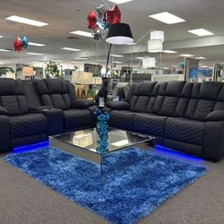 Black Power Reclining Sofa& Loveseat Set W/ Built-in LED Lights For Sale