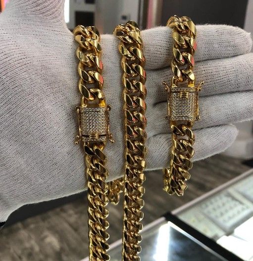 Diamond Lock Cuban Link Set 14K Gold Plated Doesn't Loses Color