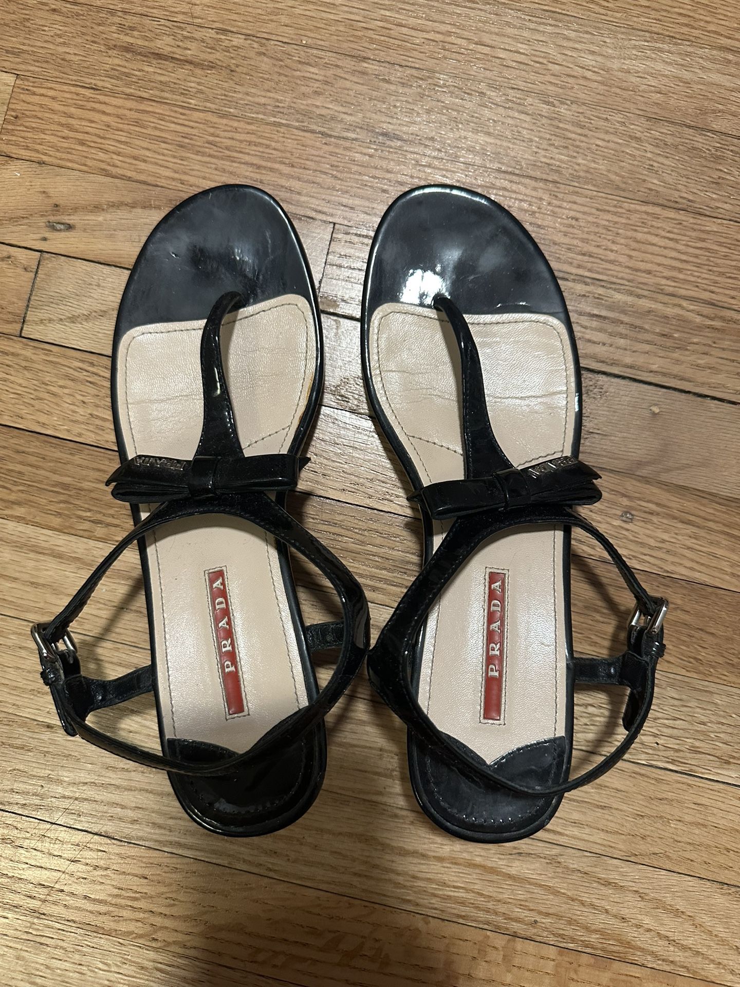 Prada Black Patent leather bow tie logo low heel wedge EU 38.5 