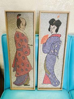 Vintage MCM 60s Gravel Pebble Wall Art Geisha Woman & Man