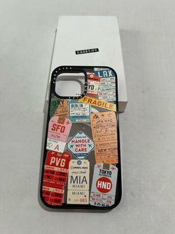 CASETiFY Impact iPhone case featuring a vintage travel luggage tag pattern