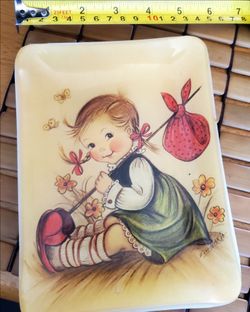 Vintage 1970s Eva Harta Melamine Trinket Tray - Hummel Style Hobo Girl 4.5"x6.5"