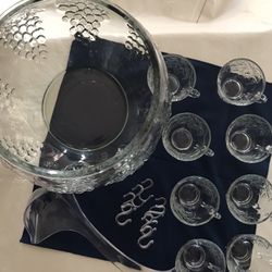 Indiana Glass Clear Celebration Grape Punch Bowl , Cups, Ladle & Hooks 