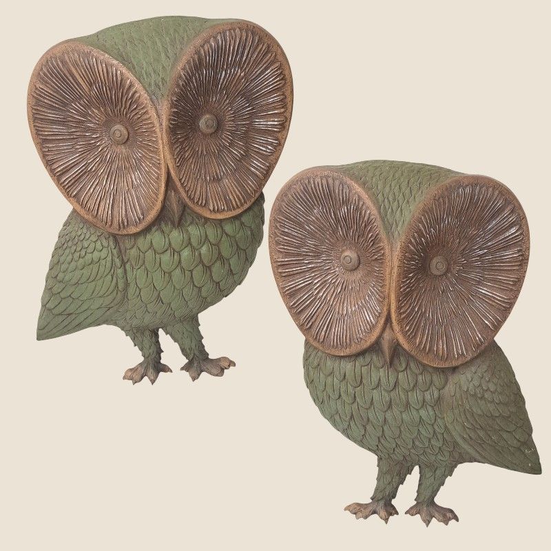 Pair of 1967 Burwood Mid-Century 18-Inch Owl Wall Art MCM Plaques #4533 & #4534