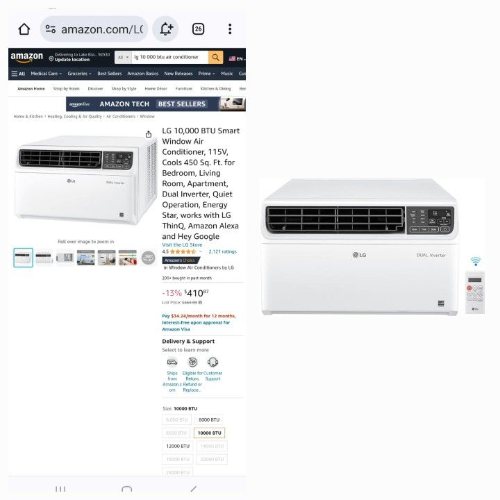 LG 10,000 BTU Smart Window Air Conditioner, 115V, Cools 450 Sq - Main Image