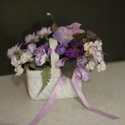 White Porcelain Basket With Silk Flowers