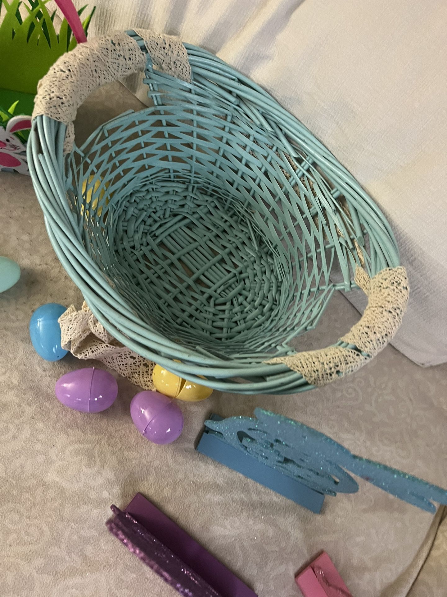 Easter Wicket Basket And Eggs And Decorations 