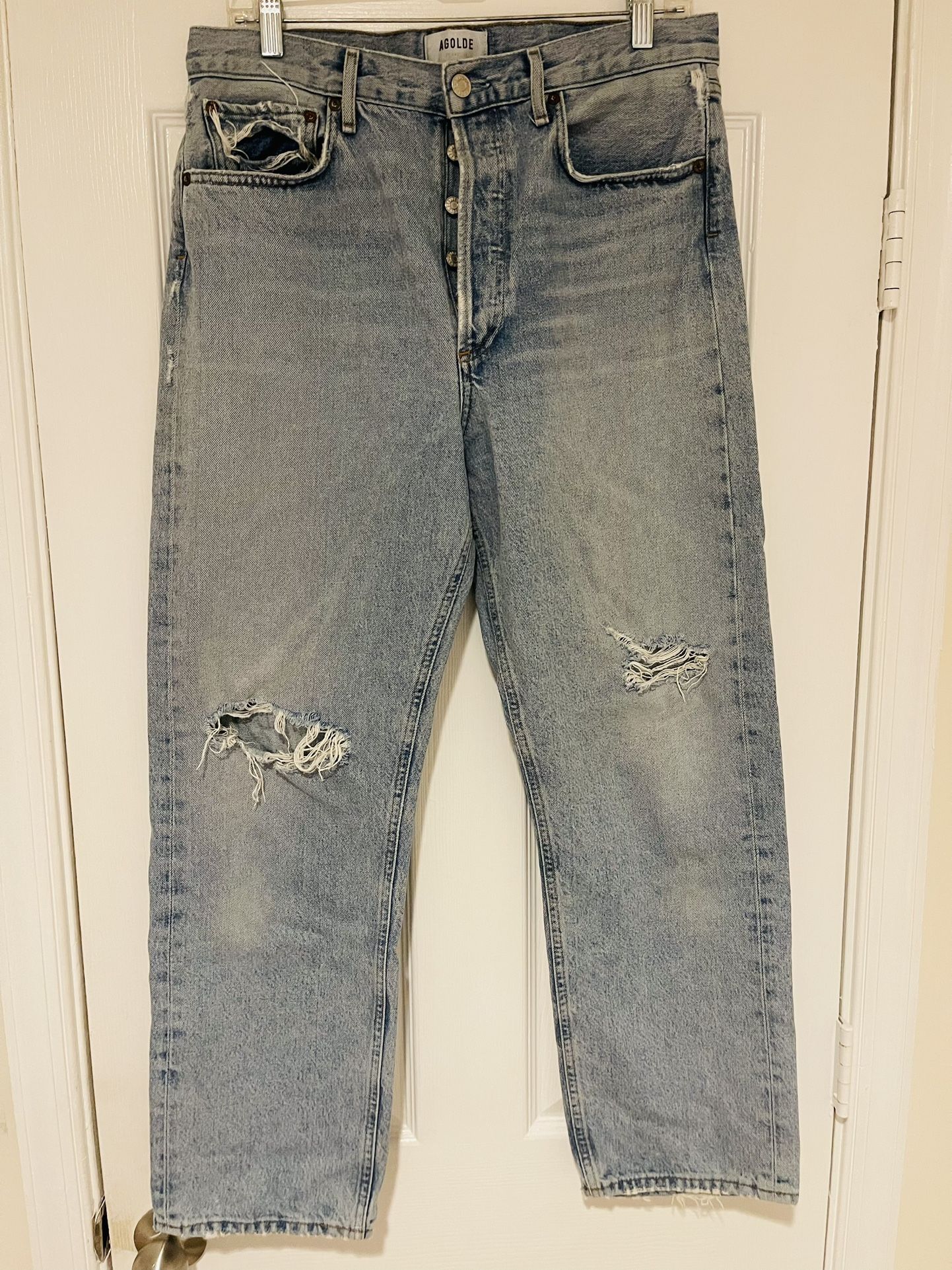 Women’s Agolde 90s Blue Distressed Organic Cotton Button Fly Denim Jeans Size 29 Inseam 28