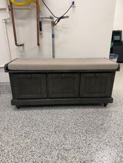 Storage Bench with Cushioned Seat – Dark Wood (2 Available)