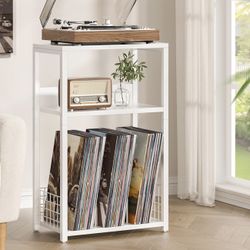 Large White Record Player Stand, 3 Tier 18" Wide Big End Table with Vinyl Storage Up to 130 Albums