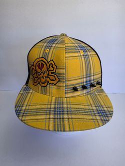 Skull and Spikes Snapback Hat Yellow and Blue - Black Mesh - OSFM