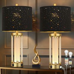 25" Table Lamps with USB Charge Night Light Gold Black Bedside Living Room
