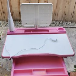 Adjustable Kid Desk Pink With Light, Music/Book Stand, And Adjustable Chair