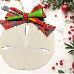 Vintage 1980s Handmade Sand Dollar Golf Ornament With Plaid Bow, 3.5”