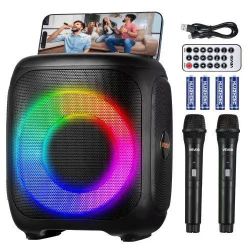 534}Karaoke Machine for Adults, 15W, 4-inch Portable Bluetooth Speaker with 2 Wireless Microphones, LED Light, TWS Function, Handle, Supports Micro TF