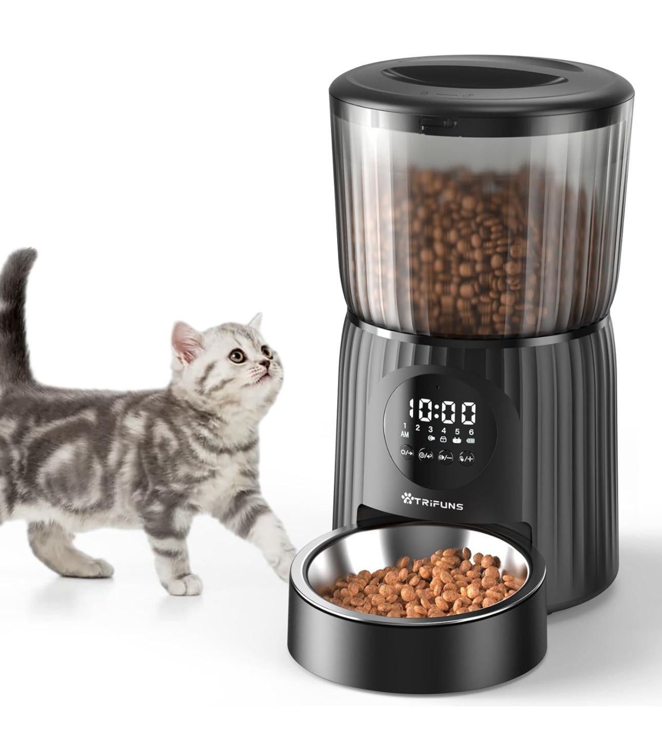 Trifuns Automatic Cat Feeder, 4L Cat Food Dispenser Programmable Control 1-6 Meals, Auto Dog Feeder with Dual Power Supply, Timed Pet Feeder for Cats 