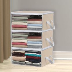 3 Pack Foldable Closet Organizer Clothing Storage Box with Clear Window, Beige