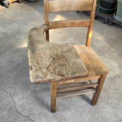 Antique Desk Chair Oak With Writing Tablet And Book Shelf 
