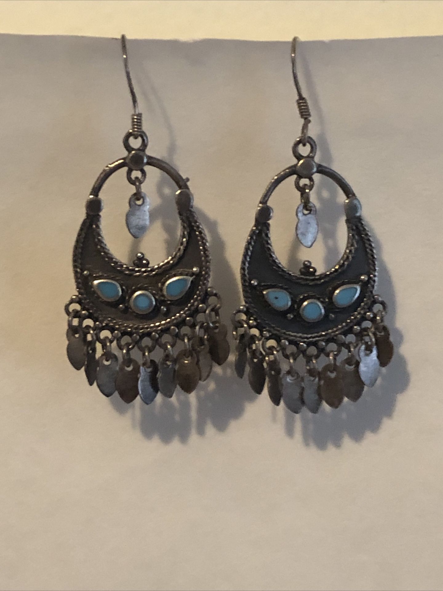 Vintage Earrings- Ethnic Crescent Bangle Turquoise Sterling Silver Chandelier Pierced Earring