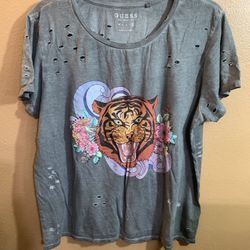 Guess Tiger Charcoal Distressed Gray Tee - L
