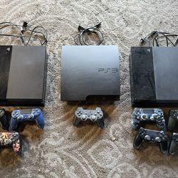 2 PS4’s with controllers and power cord, PS3 with controllers and power cord