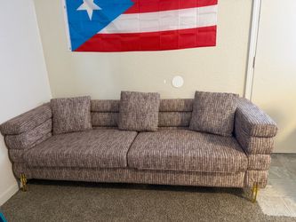 3-Seat Sofa with Gold Legs and Throw Pillows