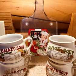 4 Vintage Recipe Soup Mugs & 1994 Campbells Cutting Board 