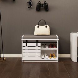 Modern Shoe Storage Bench, 2-Tier Entryway Bench with Sliding Barn Door & 2 Adjustable Shelves & Full Soft Removable Seat Cushion for Entryway, Hallwa