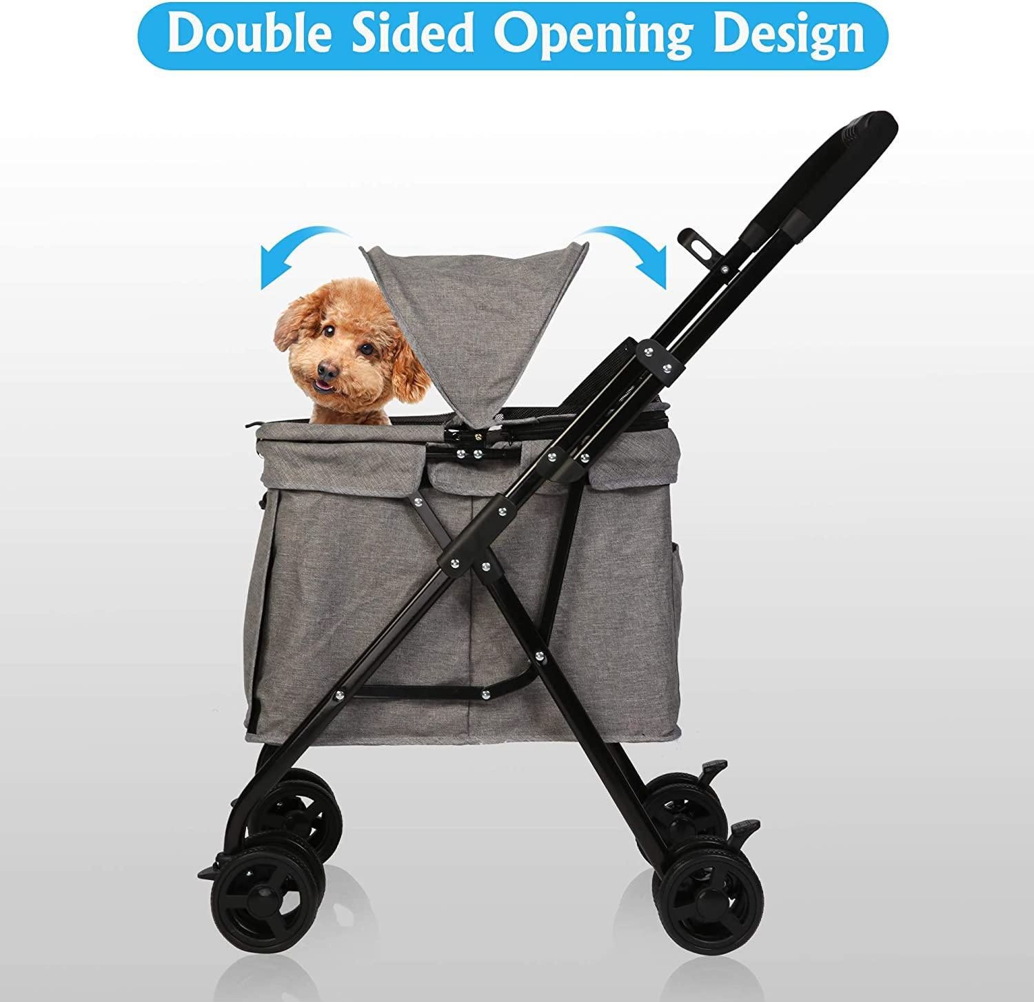 New Gray Pet Stroller Foldable for Medium Dogs Cats, with Four Wheels Storage Pocket Portable Steel Frame One Click Folding