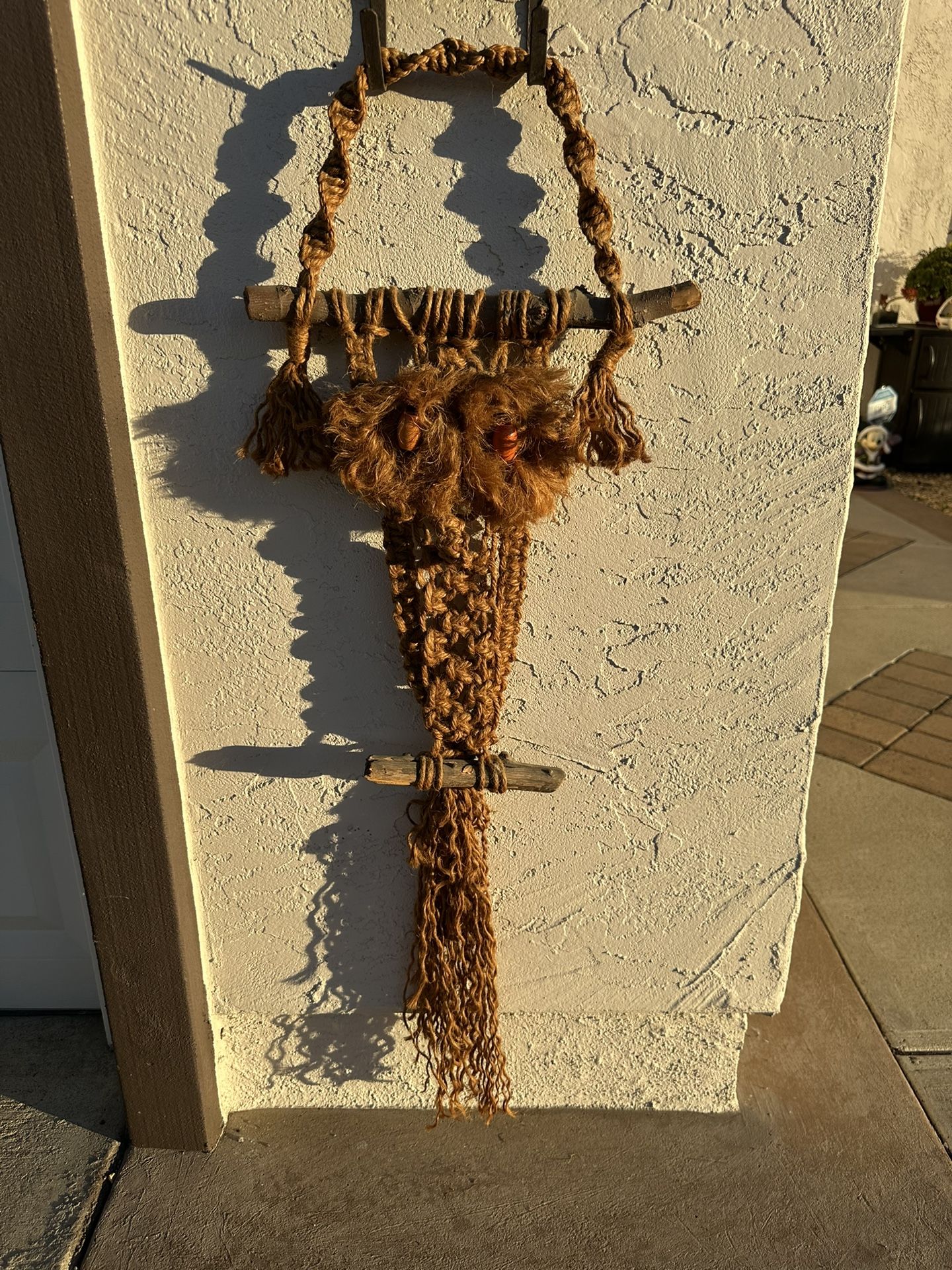 Vintage Large 1970s 45” X 16” Macrame Owl & Driftwood Wall Hanging Boho Decor