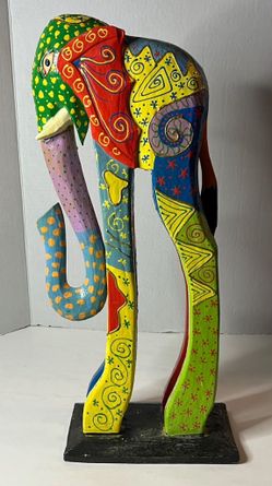 Multicolored Hand Carved Elephant Sculpture Abstract Animal Decor 19.75” Tall