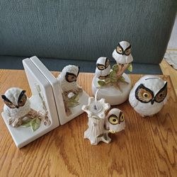 1979 Ceramic Owl Music Box, Bookends, Bank, And Oil Candle