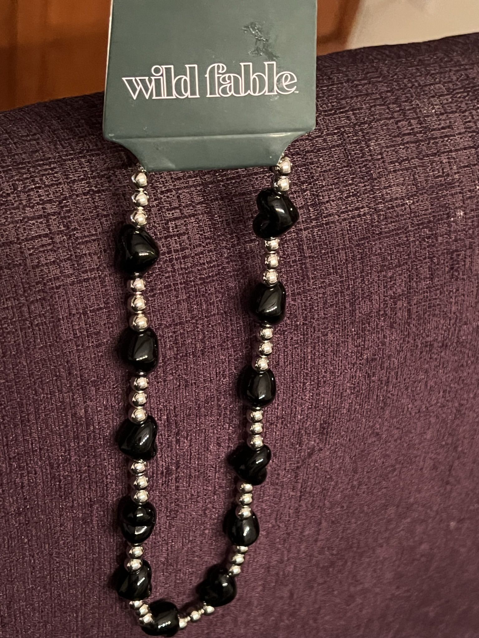 NIP Fun Wild Fable Necklace w/Black Hearts & Silver Beads - STOCKING STUFFER!