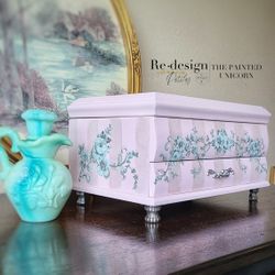 Large Chest Style Refinished Pink Floral Jewelry Box