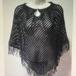 Unbranded Womens Medium Acrylic Black Shawl Sweater Wrap Knit Poncho Fringe Trim