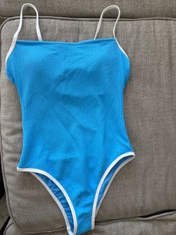 Blue One-Piece Swimsuit with White Trim
