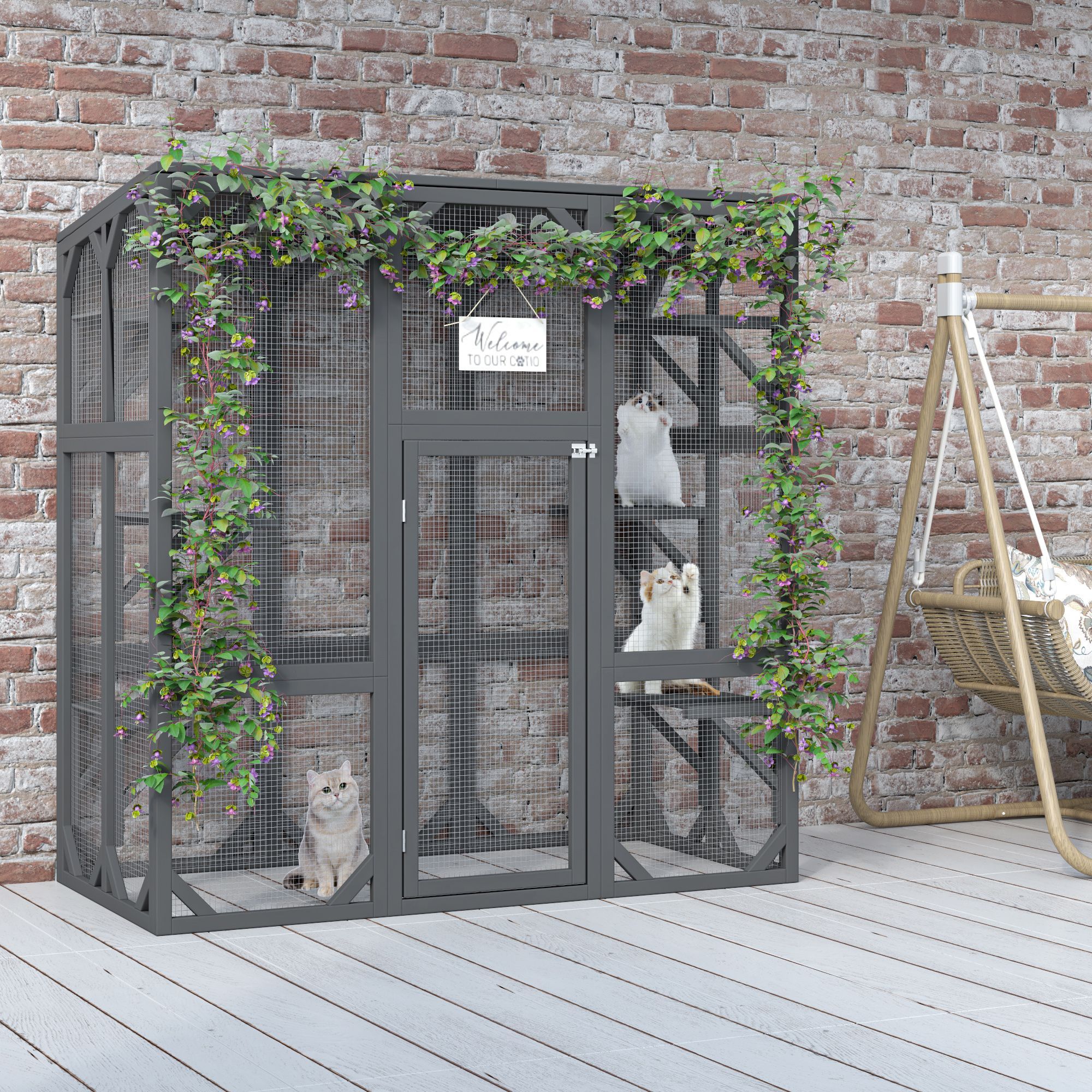 Catio Outdoor Cat Enclosure Cat House Wooden Cat Cage Large Feral Cat Shelter for Mulitiple Cats with Six Platforms, Large Enter Door, Waterproof Roof