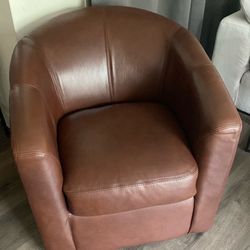 Pair of Modern Brown Leather Swivel Barrel Chairs – Great Condition