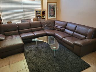 Large Brown Italian Leather Sectional Sofa with Chaise