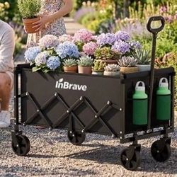 Collapsible Folding Wagon with Adjustable Handle Foldable Utility Wagon Cart with 2 Drink Holders