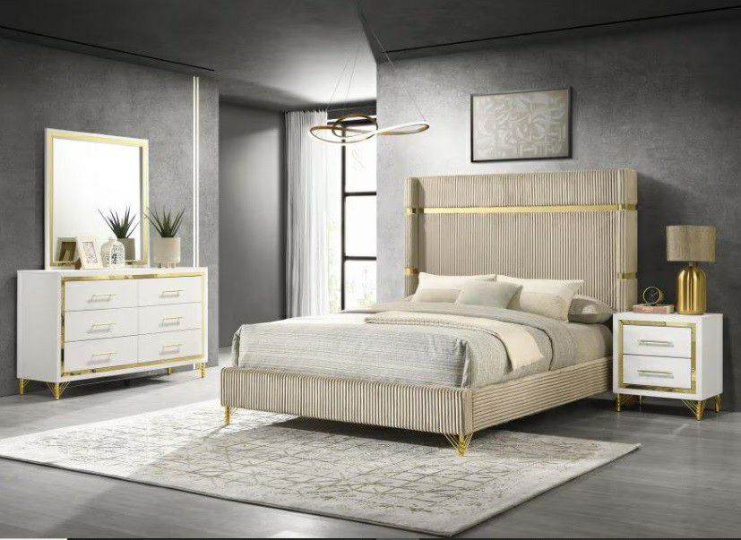 Lucia-4 Piece Bedroom Set With Upholstered Queen Wingback Panel Bed-Beige
