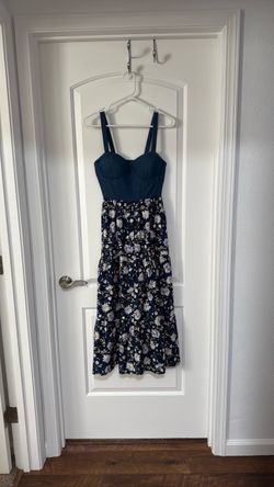 Navy Denim Bodice Floral Midi Dress